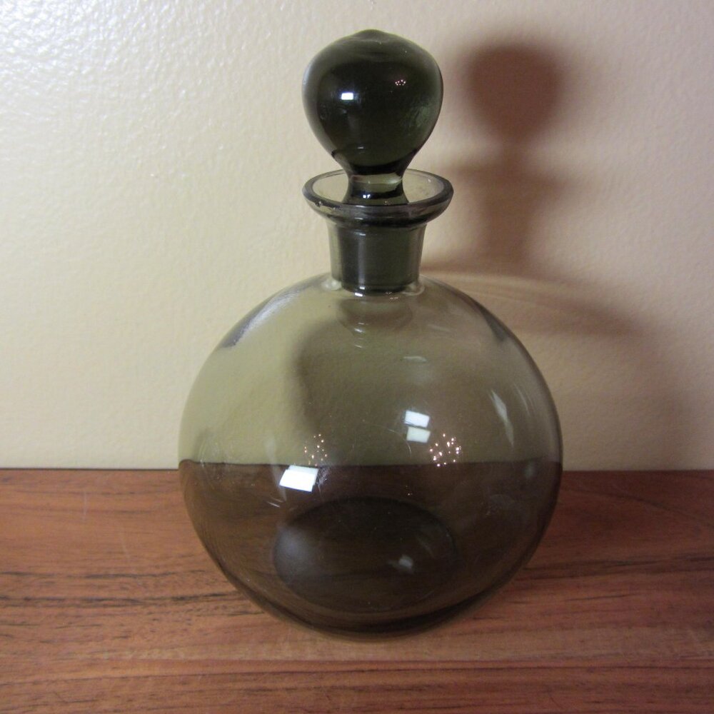 blenko MCM charcoal grey smoked glass genie bottle decanter with stopper (w3551)